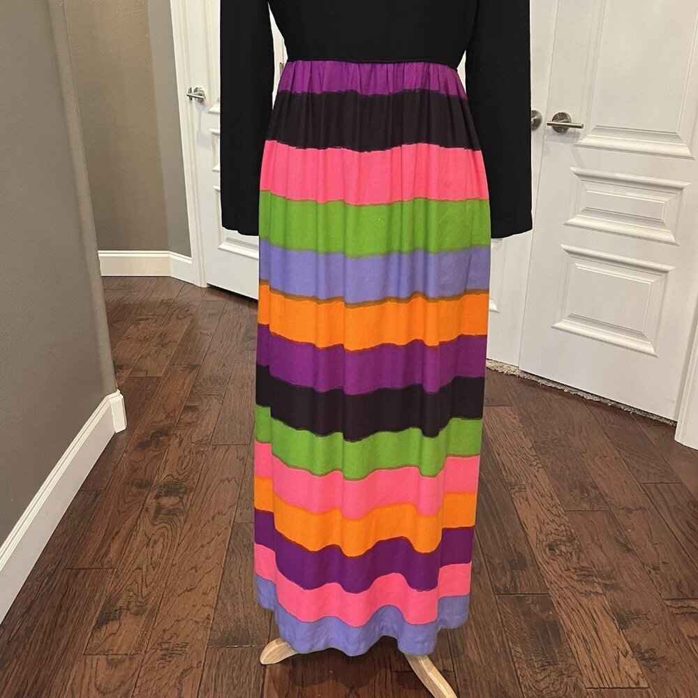 VTG Park East By Swirl Womens Size 14 Maxi Dress Black Top Rainbow Stripe Skirt - Picture 3 of 13